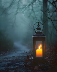 Canvas Print - Flickering Candle Glowing in Misty Forest Symbolizing Hope Amidst Uncertainty