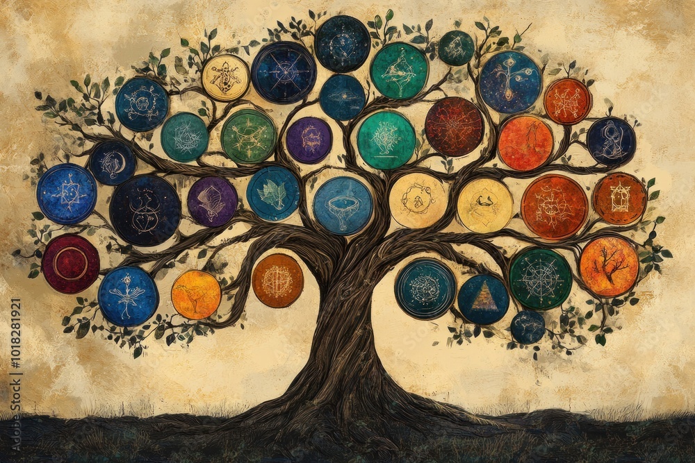 A stylized tree with colorful circular symbols hanging from its ...