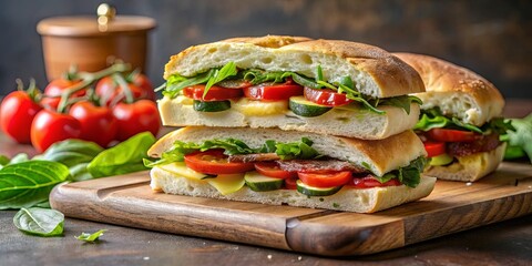 Layered Delights A symphony of fresh tomatoes, crisp cucumbers, savory cheese, and vibrant greens, encased in soft, crusty bread, ready to satisfy the appetite.