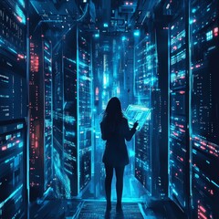 Silhouette of a woman in a futuristic server room with glowing digital data lines, symbolizing advanced technology