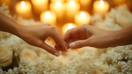  Hands holding wedding rings surrounded by candlelight and white roses, symbolizing love and commitment.