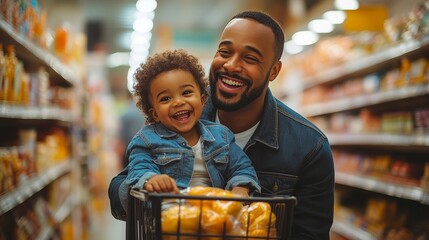 Father and child smiling while grocery shopping, with fresh produce in a supermarket cart.