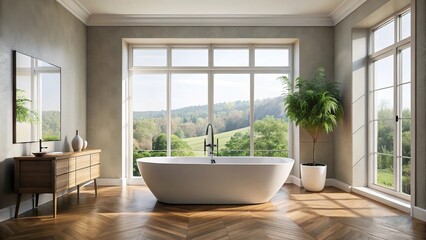 Modern minimalist bathroom with freestanding bathtub and large window