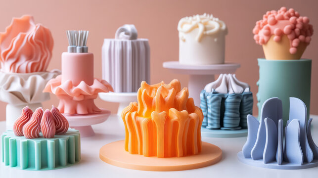 A vibrant image of 3D-printed birthday cakes in various unique shapes and colors, displayed on a table, highlighting the intricate details and modern design