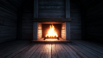 Soothing relaxation by a cozy fireplace, soft flickering flames casting a warm glow over a rustic wooden cabin