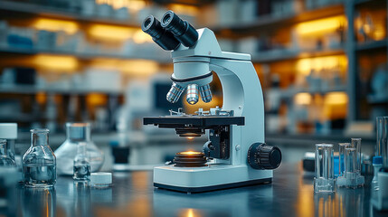 Poster - A modern digital trinocular microscope stands on a laboratory table, surrounded by glassware, ready for scientific research