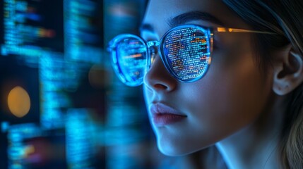 A woman with glasses, code reflected in her glasses, looking at a computer screen.