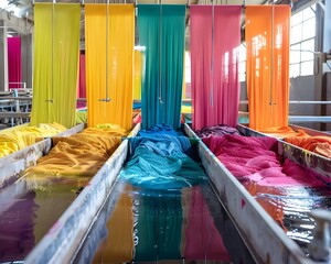 Vibrant Textile Dyeing Facility with Colorful Fabrics Dipped in Large Vats Representing the Thriving Textile Industry