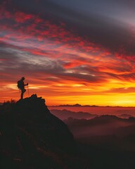 Poster - Silhouetted Hiker Atop Scenic Mountain Ridge at Fiery Sunset