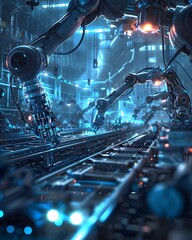 Poster - Futuristic Robotic Factory with Automated Conveyor Belt Assembly