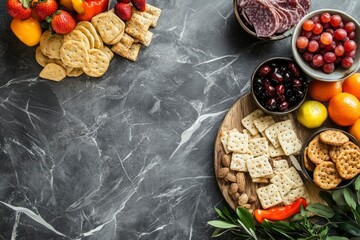 Wall Mural - Snacks for catering on a decorative stone background - generative ai