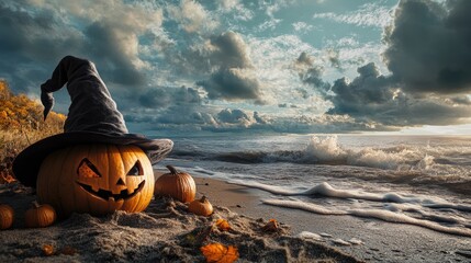 Sticker - Halloween themed beach and ocean scene featuring a witch hat and pumpkins