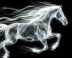 Sticker - Neon Horse Galloping with Flowing Mane and Sense of Speed and Freedom on Black Background