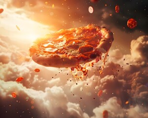 Poster - A Surreal Pizza Soaring Through the Sky in a Dreamy Junk Food Fantasy Concept