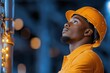© zakiroff - Engineer wearing protective helmet, gazing upwards, surrounded by soft bokeh lights for occupational safety concept