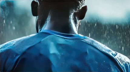 The back of a player in a blue football jersey, focusing on sweat marks and breathable mesh fabric.