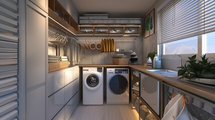 A functional laundry room with modern appliances, organized storage, and stylish decor