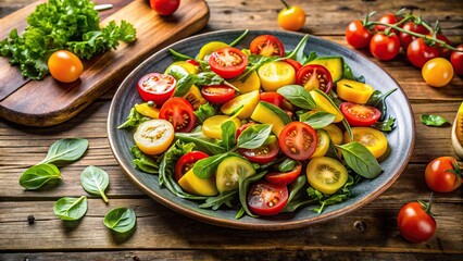 Fresh summer salad with tomatoes, squash, and greens on a wooden table