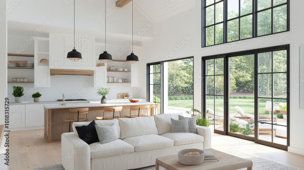 Modern living room with open kitchen, large windows, and natural light ...
