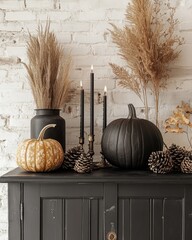 Wall Mural - decorative cabinet with dark pumpkins cones and candles against a light brick wall