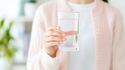 A person holding clear glass of water, showcasing hydration and wellness in bright, inviting environment. soft colors and cozy attire create sense of comfort and health