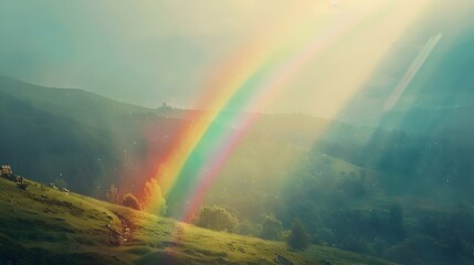 Canvas Print - Vibrant Rainbow Arches Over Lush Valley After Rainstorm Sunlight Breaks Through Clouds Symbolizing Hope and Renewal