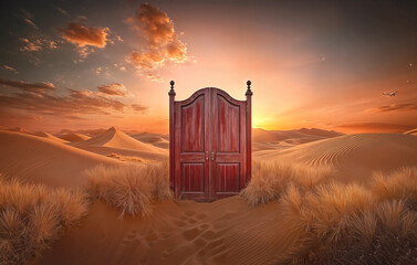 Canvas Print - A wooden door stands alone in the middle of a sandy desert. The sun is going down behind it, casting a warm glow.