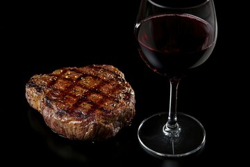 Tasty beef steak and a glass of red wine on a black background - generative ai