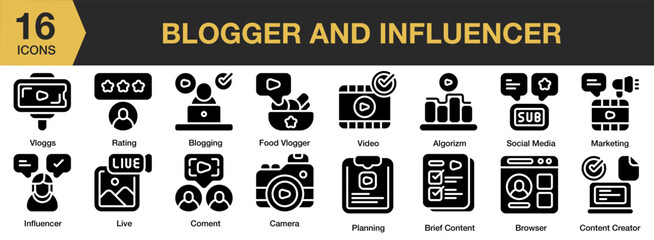 Wall Mural - Blogger And Influencer solid icon set. Includes vlog, video, rating, planning, and More. Solid icons vector collection.