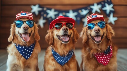 Three happy golden retrievers wearing sunglasses and festive bandanas, celebrating in front of star-themed decorations.