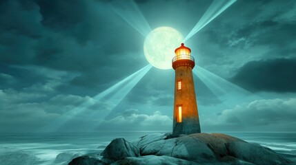 Wall Mural - Lighthouse Illuminating Ocean under a Full Moon