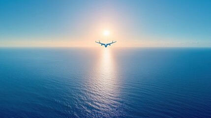 Poster - Airplane Flying Over Calm Ocean at Sunset