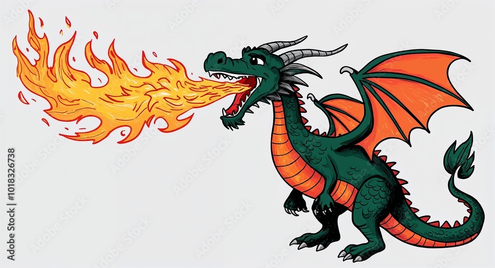 Hand drawing clipart of a dragon breathing fire on plain white ...
