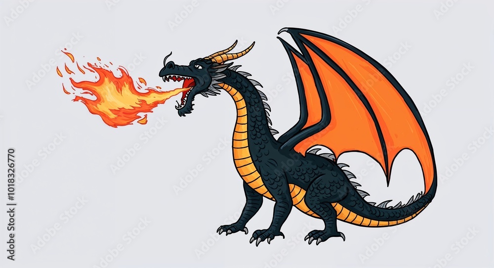 Hand drawing clipart of a dragon breathing fire on plain white ...