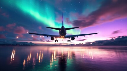 Wall Mural - Airplane Flying Under Northern Lights at Dusk