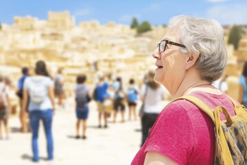 Senior Woman with Backpack Exploring Historical Site Surrounded by Tourists on a Sunny Day Concept