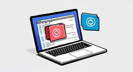 Hand drawing clipart of a laptop with coding symbols on plain white background