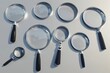 © John - set of detective and science Magnifying glass for research searching and discovery analyses, finding facts concepts isolated cutout on transparent png background with shadows