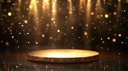 Poster - Bright golden shine enveloping a 3D stage, dark background enhancing the glow and reflections.