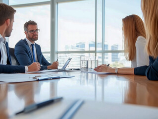 Business colleagues brainstorming ideas in a collaborative boardroom meeting