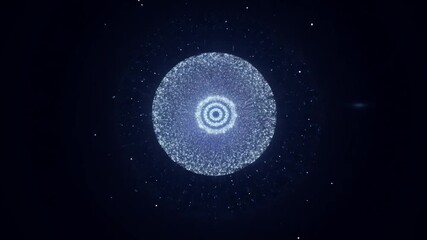 Poster - Bright light is transforming into an abstract sphere with glowing particles on a dark background. Ideal for projects related to science, technology, and the future