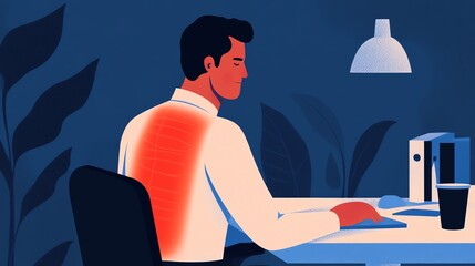 Cartoonstyle illustration of a stressed worker with a glowing red back, sitting at a cluttered desk, office syndrome, back pain awareness