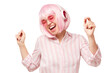© Damir Khabirov - Young laughing woman wearing striped shirt, funky wig, glasses and wireless headphones, dancing to favorite music