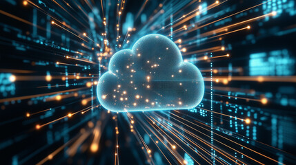 Abstract representation of data flow between servers and cloud storage, with glowing connections.