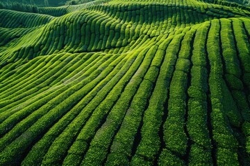 Tea field green plantation agriculture background top leaf farm landscape pattern drone