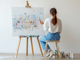 Creative artist woman starts to draw artwork on new white canvas on easel with brush at equipped modern art studio. Interested talented girl painter enjoy creative hobby for soul in painter workshop