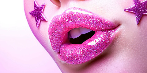 a woman's lips are covered in glitter and stars