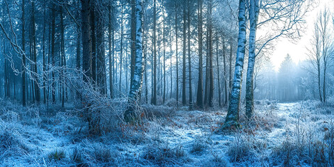Poster - A snowy forest with a blue sky in the background