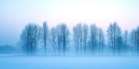 Poster - A field of trees covered in snow and fog