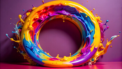 Wall Mural - A swirling circle of vibrant paint, featuring splashes of yellow, red, blue, purple, and white, creating an abstract art piece against a purple background.